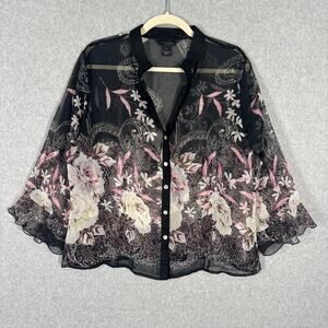 Investments Blouse Large Black‎ Pink Floral Sheer Ruffle Flare Cottage Witchy